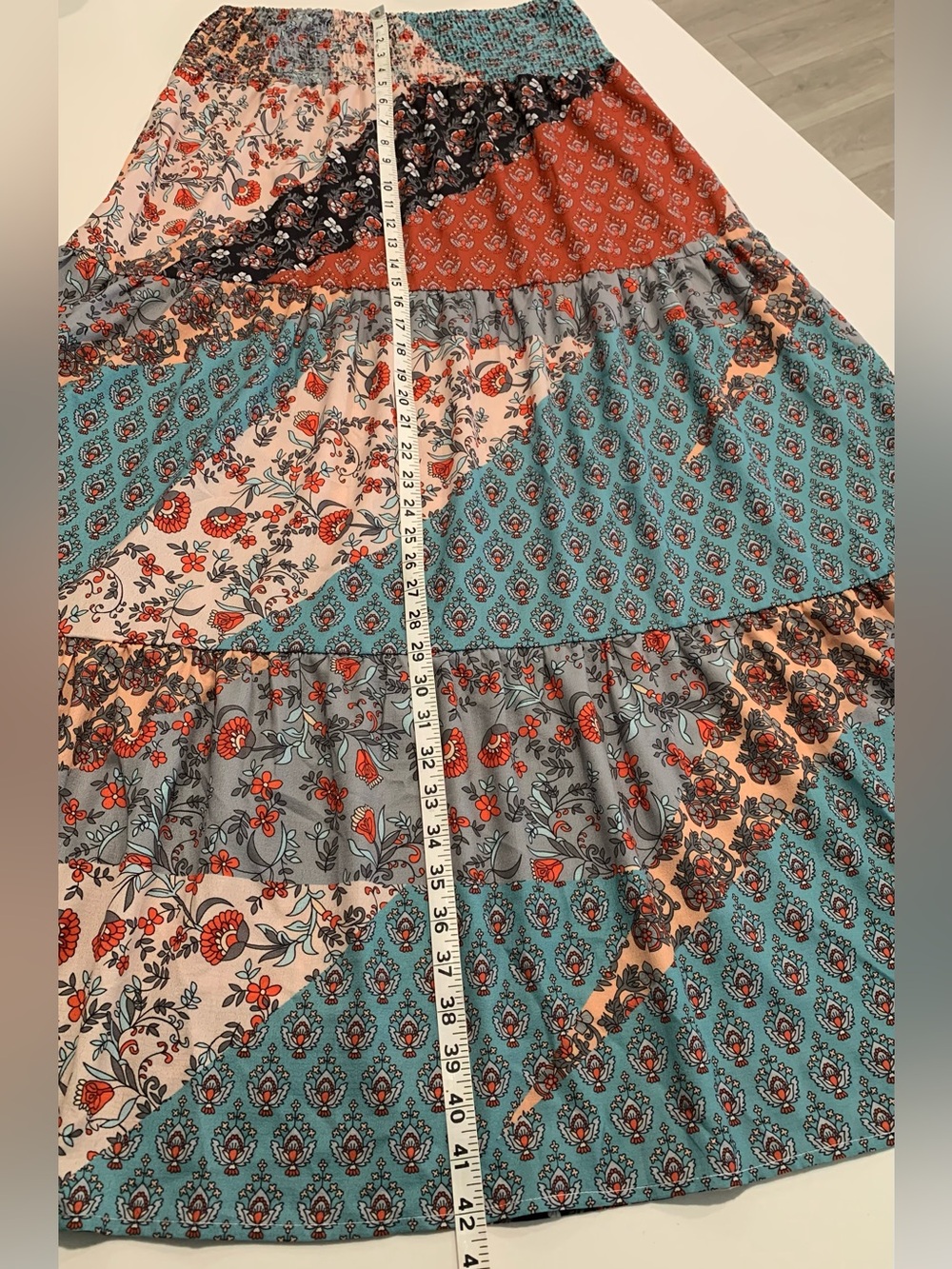 Boho Patchwork Smocked Waist Tiered Long Maxi Skirt, Teal Rust Cottagecore, L - Picture 8 of 10